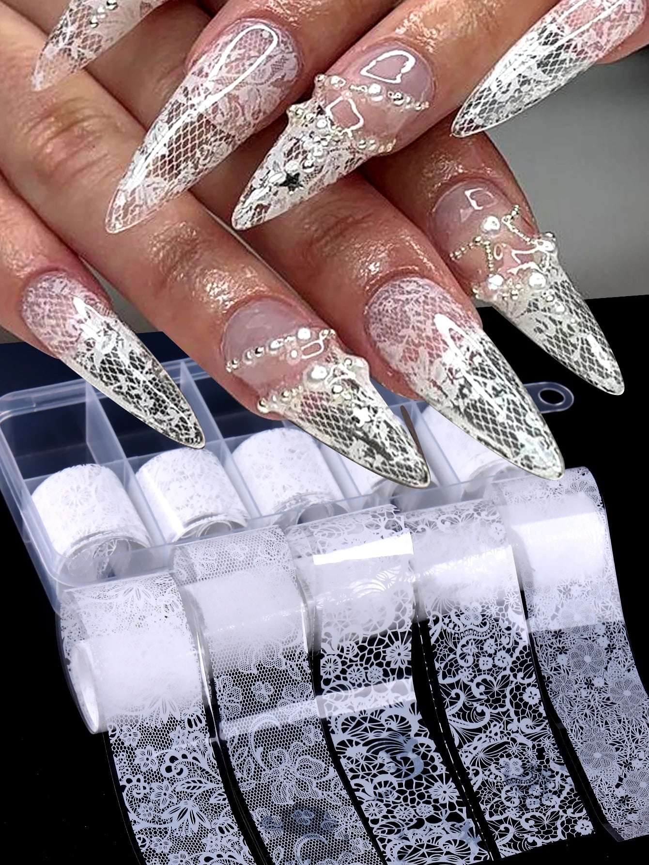 10 Sheets Lace Nail Foil White & Black Nail Stickers Design Transfer Foils Starry Sky Paper Nail Art Foil Decals for Nails Salon Beauty World Shop