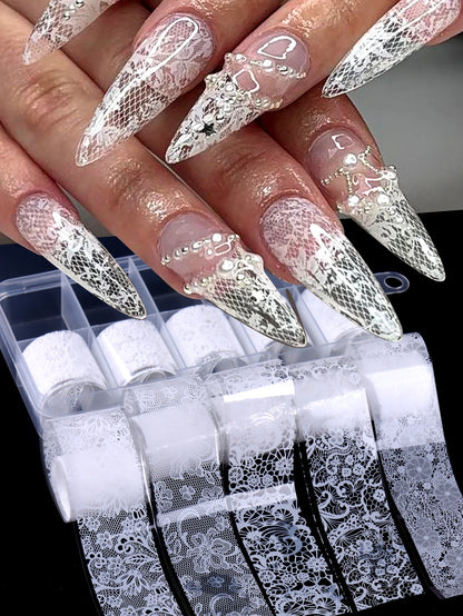 10 Sheets Lace Nail Foil White & Black Nail Stickers Design Transfer Foils Starry Sky Paper Nail Art Foil Decals for Nails Salon Beauty World Shop