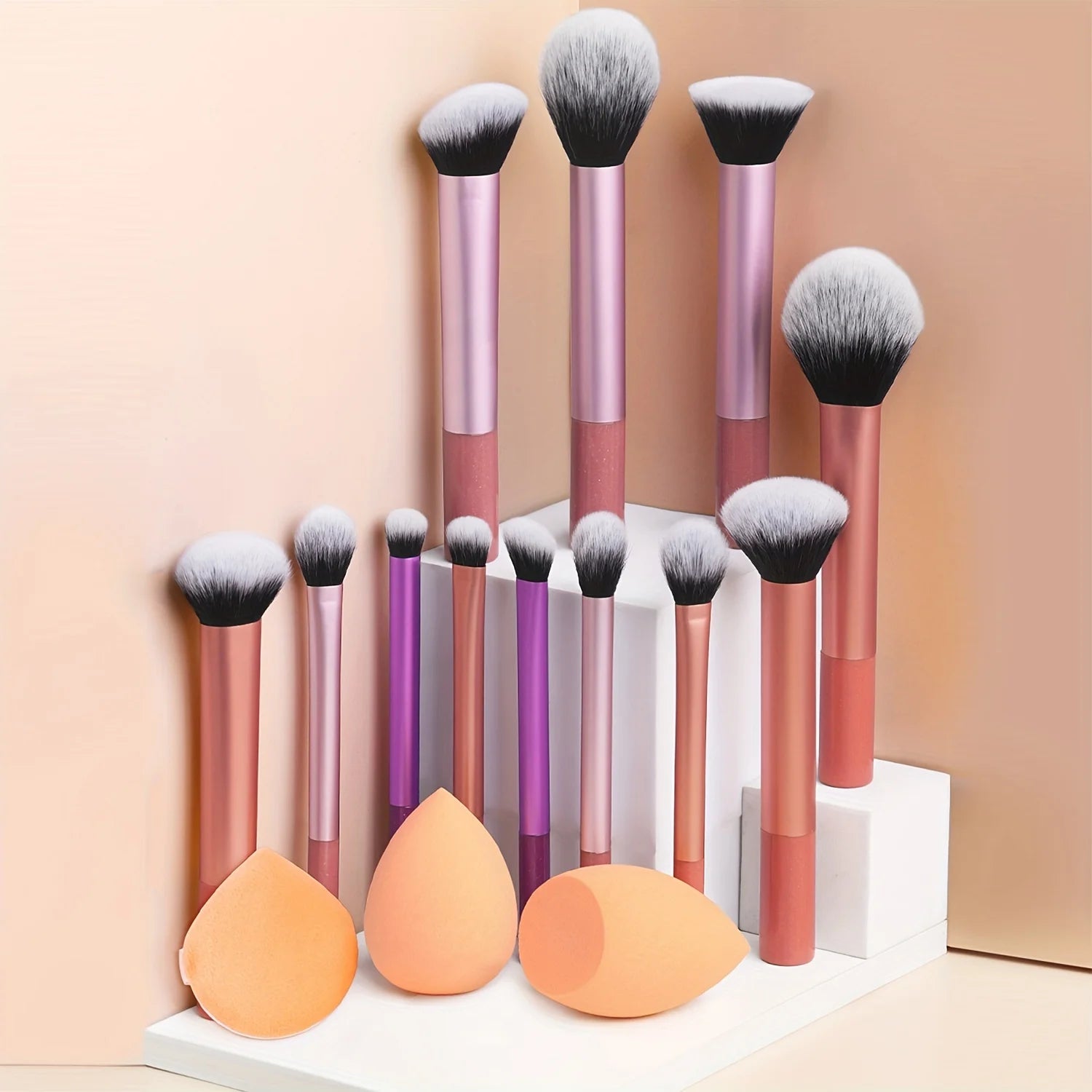 12-Piece Classic Full Makeup Brush Set with Angled and Teardrop Blenders, 1 Powder Puff - Professional Application Tools, Nylon Beauty World Shop