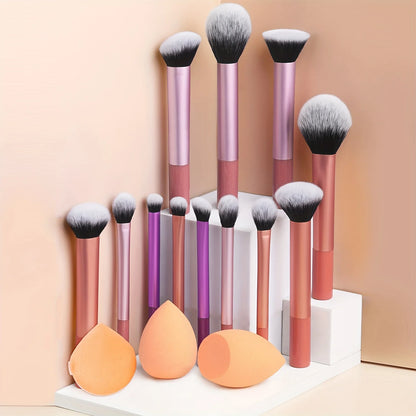 12-Piece Classic Full Makeup Brush Set with Angled and Teardrop Blenders, 1 Powder Puff - Professional Application Tools, Nylon Beauty World Shop