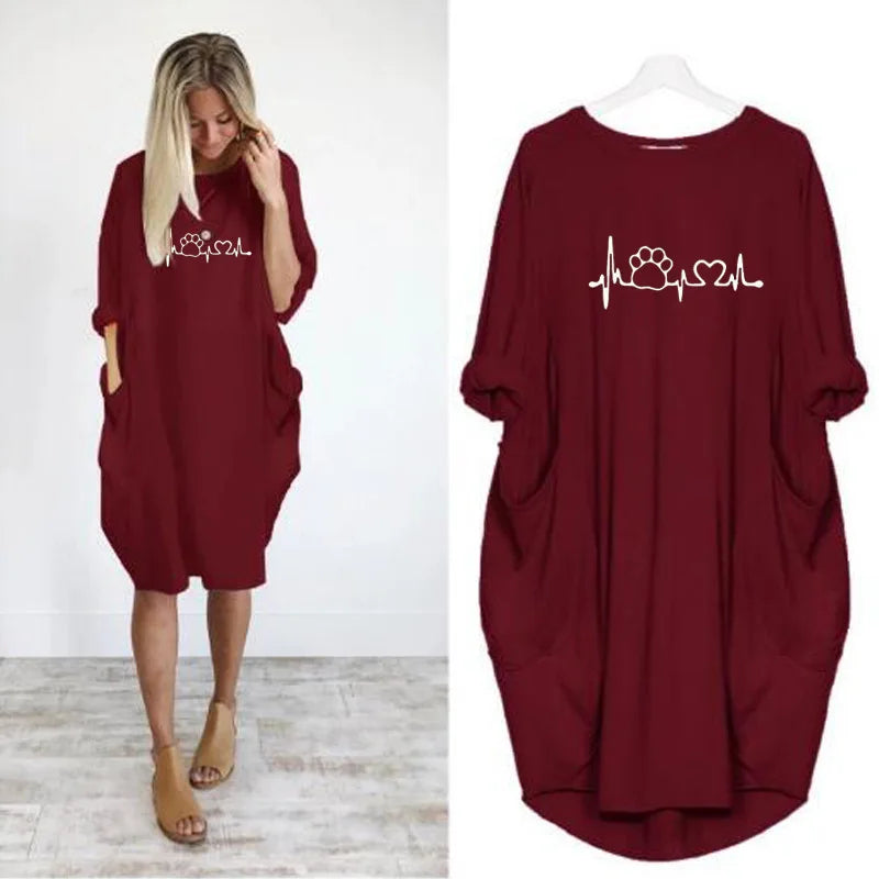 Women's Loose  Long Sleeved Summer Plus Size Dress Autumn  Winter Casual Round Neck Solid Color Long Sleeve Pocket Loose Pullove Beauty World Shop
