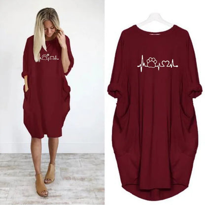 Women's Loose  Long Sleeved Summer Plus Size Dress Autumn  Winter Casual Round Neck Solid Color Long Sleeve Pocket Loose Pullove Beauty World Shop