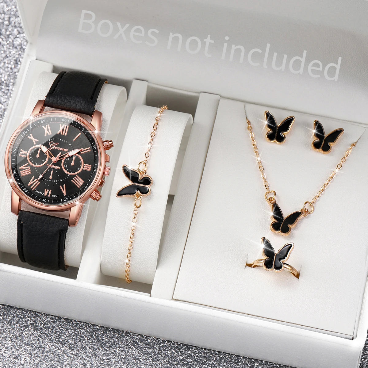 5/6PCS Fashion Women's Quartz Watch Leather Band Analog Wrist Watches Heart Rhinestone Jewelry Set(Without Box) Beauty World Shop