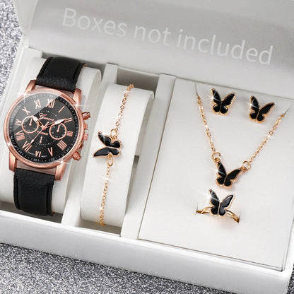 5/6PCS Fashion Women's Quartz Watch Leather Band Analog Wrist Watches Heart Rhinestone Jewelry Set(Without Box) Beauty World Shop