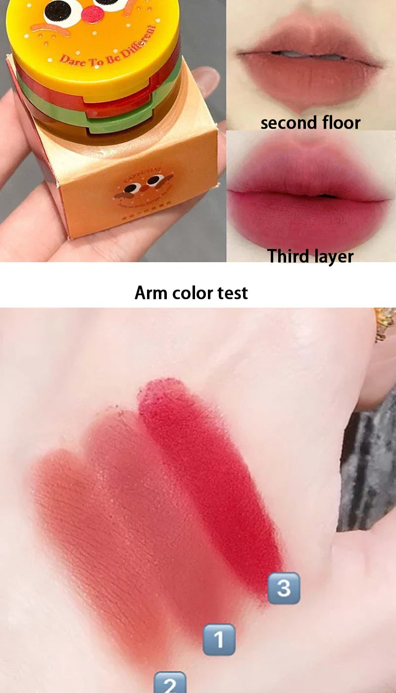 Cappuvini Velvet Lip Mousse - Matte Butter Formula, Long-Lasting Non-Drying, Cute Hamburger Design ,Compact and portable Beauty Trend Shop
