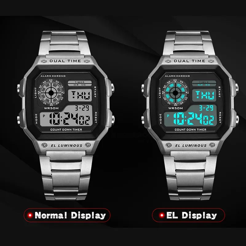 MAYZHISU Classic Men's Digital Watches Luxury Stainless Steel Strap Sport Watches Men Military Clock LED Sport Wristwatch Beauty World Shop