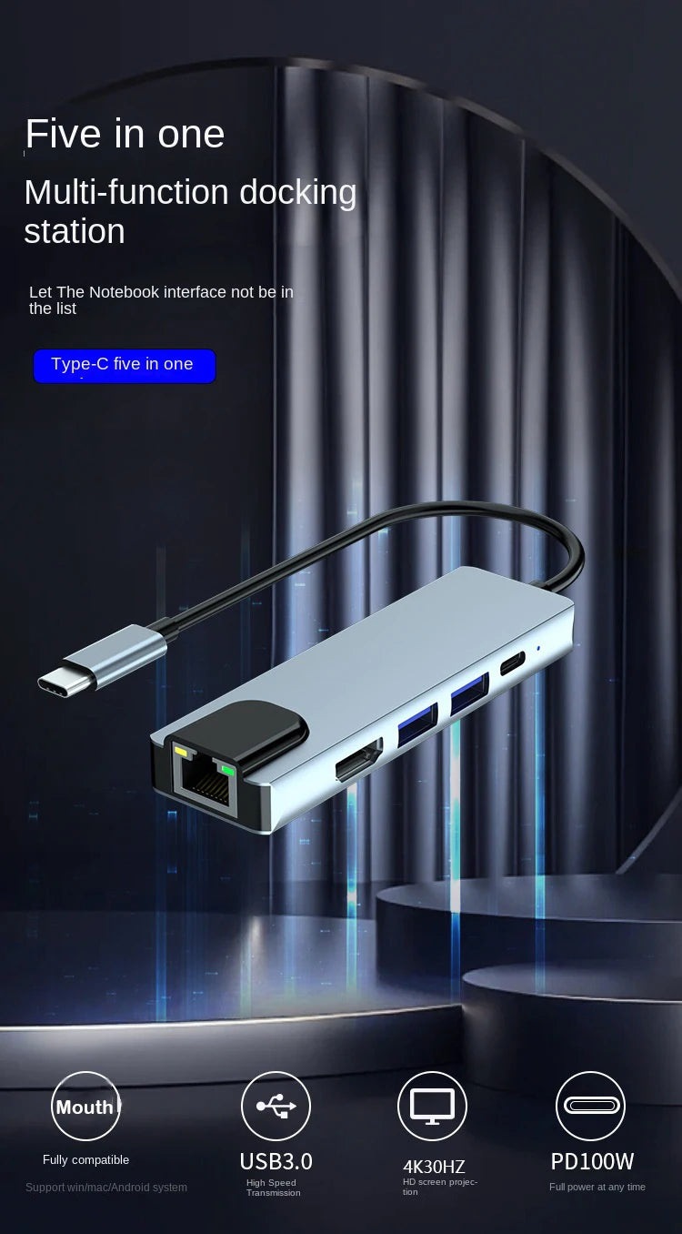Usb 5 In 1 Type-C 3 1 To 4k HdTV Hub Adapter With Sd Tf 100M Rj45 Car d Reader Pd Fast Charge For Macbook Notebook Computer Beauty World Shop