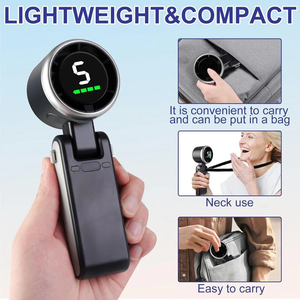 3-in-1 Portable Handheld Turbo Fan, 5-Speed High-Velocity Cooling, 3600mAh Battery, Digital Display, Foldable USB/Type-C Fan