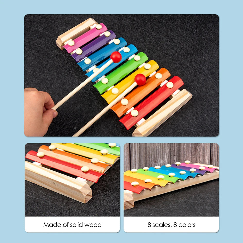 Montessori Baby Toys 9 in 1 Wooden Musical Set: Xylophone Rattle Drum Bell 3D Puzzles Sensory Learning Gifts for 0-12 Months 1-3 Beauty Fashion