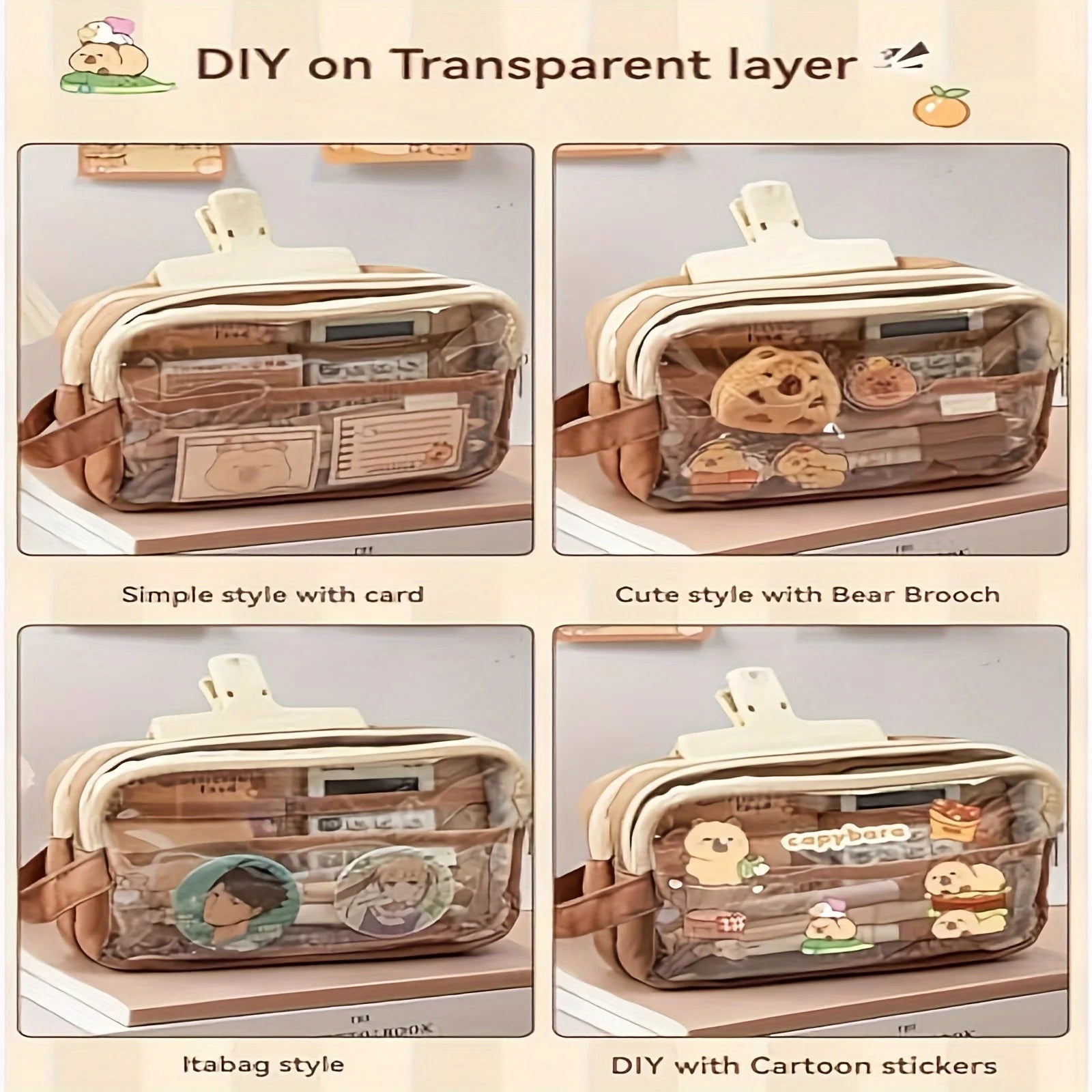 Cute Capybara Pencil Case with Lock - Aesthetic Kawaii Canvas Pouch, Clear School Supplies Organizer with Compartments, Includes Beauty World Shop