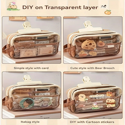 Cute Capybara Pencil Case with Lock - Aesthetic Kawaii Canvas Pouch, Clear School Supplies Organizer with Compartments, Includes Beauty World Shop