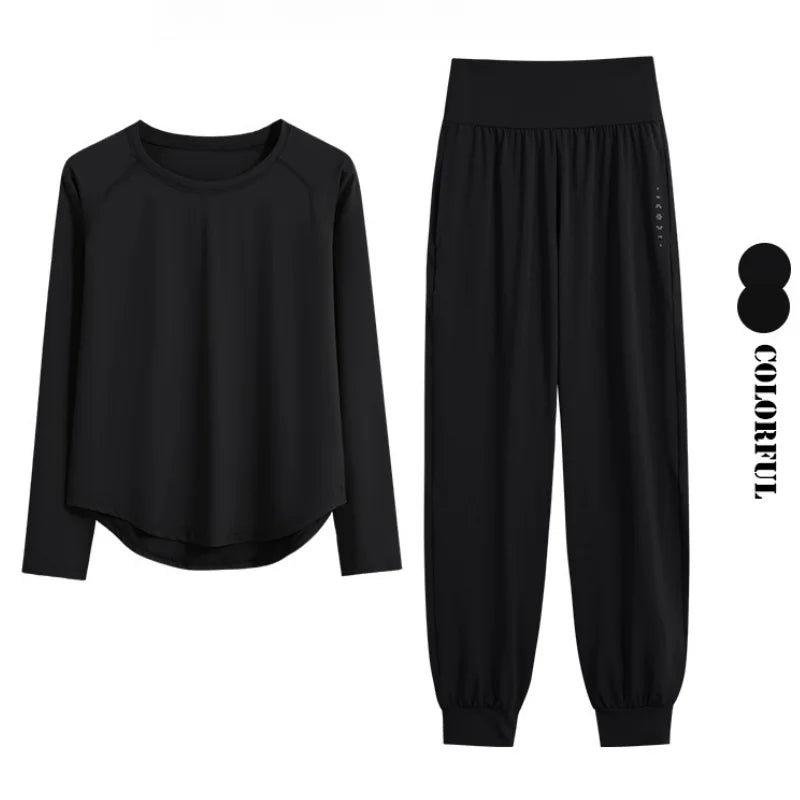 DRUR 2pcs Yoga Set Women Sports Pants Sets 2 Piece Sportswear Outfit Female Long Sleeve Fitness Top High Waist Sweatpants Suits Beauty World Shop