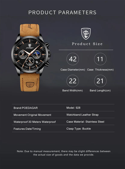 POEDAGAR Original Military Men Clock Waterproof Luminous Leather Quartz Man Watch Chronograph Date Luxury Business Men's Watches Beauty World Shop