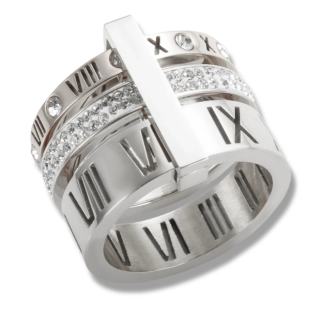 Three Layers Roman Numerals Ring for Women Luxury Stainless Steel Rotatable Crystal Finger Rings Female Wedding Trendy Jewelry Beauty World Shop
