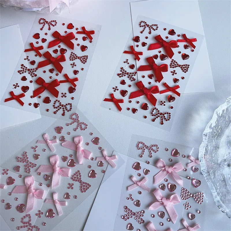 DIY Decor Kpop Photocard Sticker 3D Stereo Bow Heart Style Scrapbook Journal Stuicker Cute Pink Red Color Phone Shell Sticker Beauty World Shop