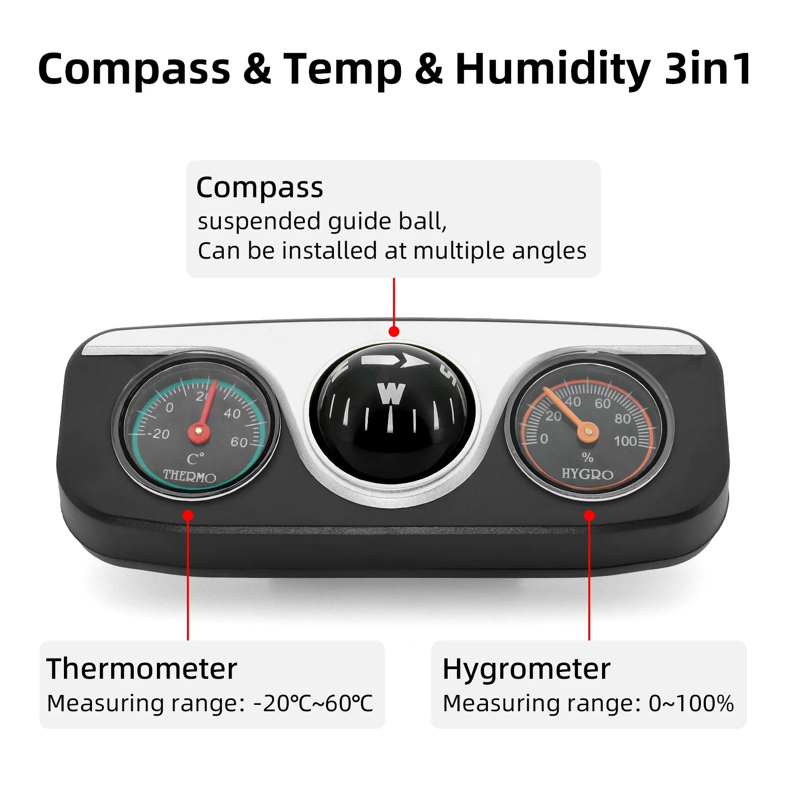 Car Ornaments Decoration 3 in 1 Guide Ball Compass For Auto Boat Vehicles Thermometer Compass Hygrometer Interior Accessories Beauty World Shop