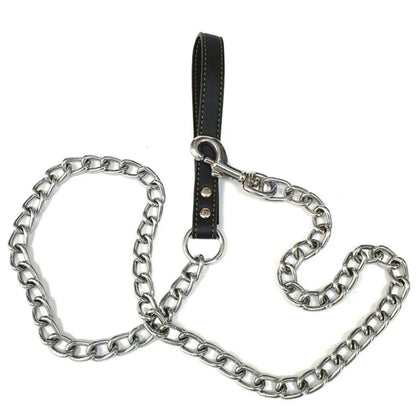 Metal Chain Dog Lead with Leather Style Handle Strong Control Leash Iron Dog Pets Supplies Collars Harnesses Chain Traction Rope Beauty World Shop