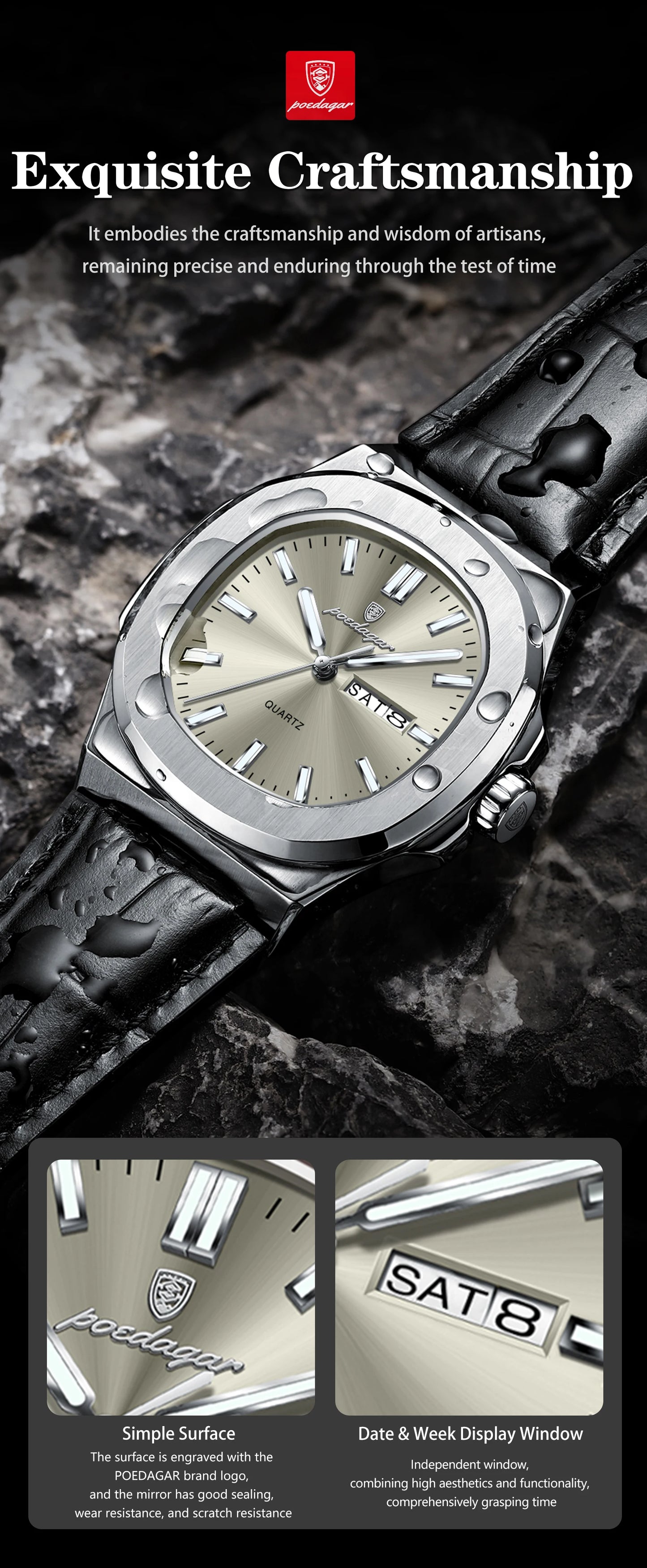 POEDAGAR Square Wristwatch For Men Luminous Waterproof Week Calendar Luxury Man Clock Leather Quartz Fashion Men's Watches Reloj Beauty World Shop