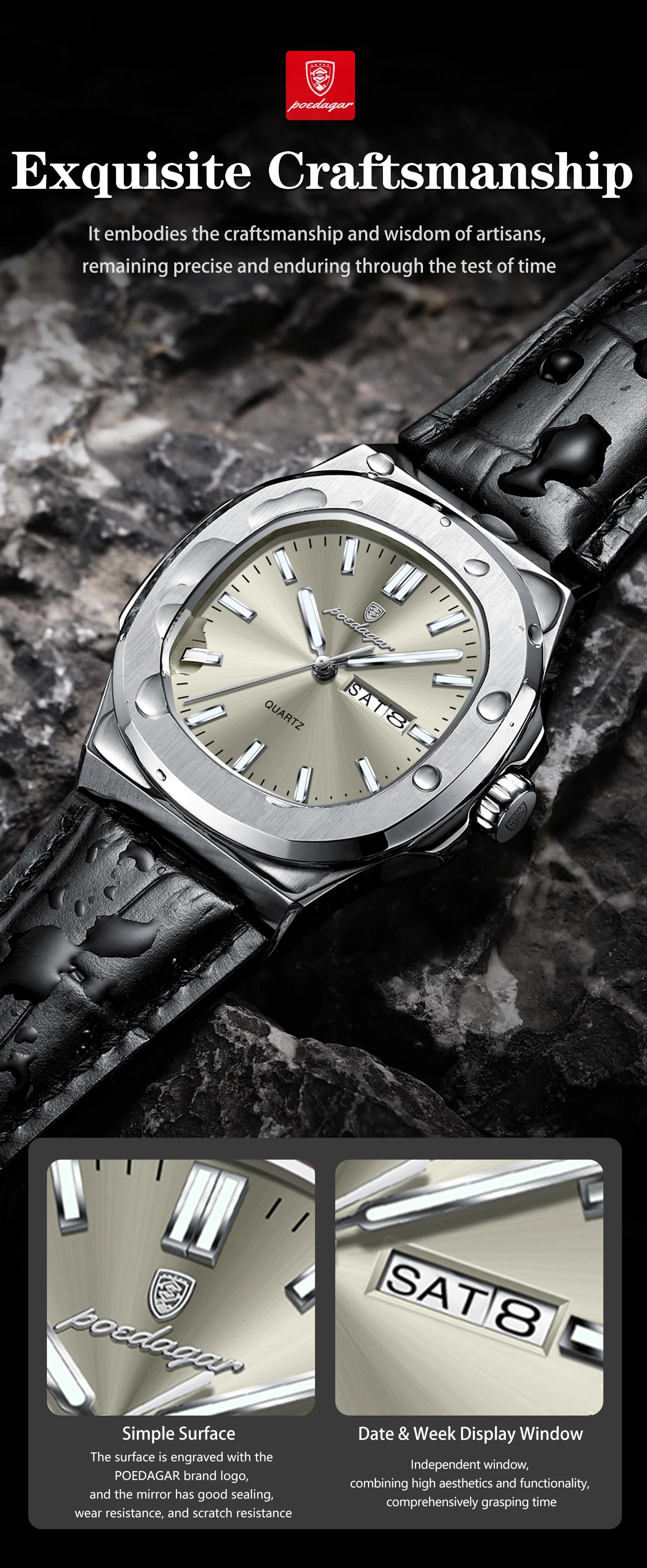 POEDAGAR Square Wristwatch For Men Luminous Waterproof Week Calendar Luxury Man Clock Leather Quartz Fashion Men's Watches Reloj Beauty World Shop