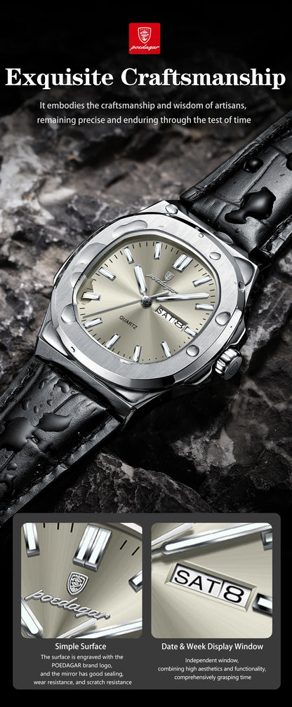 POEDAGAR Square Wristwatch For Men Luminous Waterproof Week Calendar Luxury Man Clock Leather Quartz Fashion Men's Watches Reloj Beauty World Shop