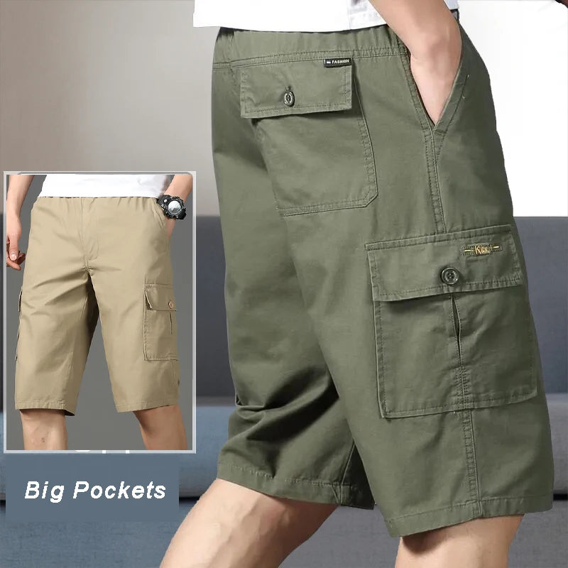 Mens Cargo Shorts Knee Pants Zipper Pocket Summer Cotton Shorts Climbing Jogger Elastic Waist Sports Wear Beauty World Shop