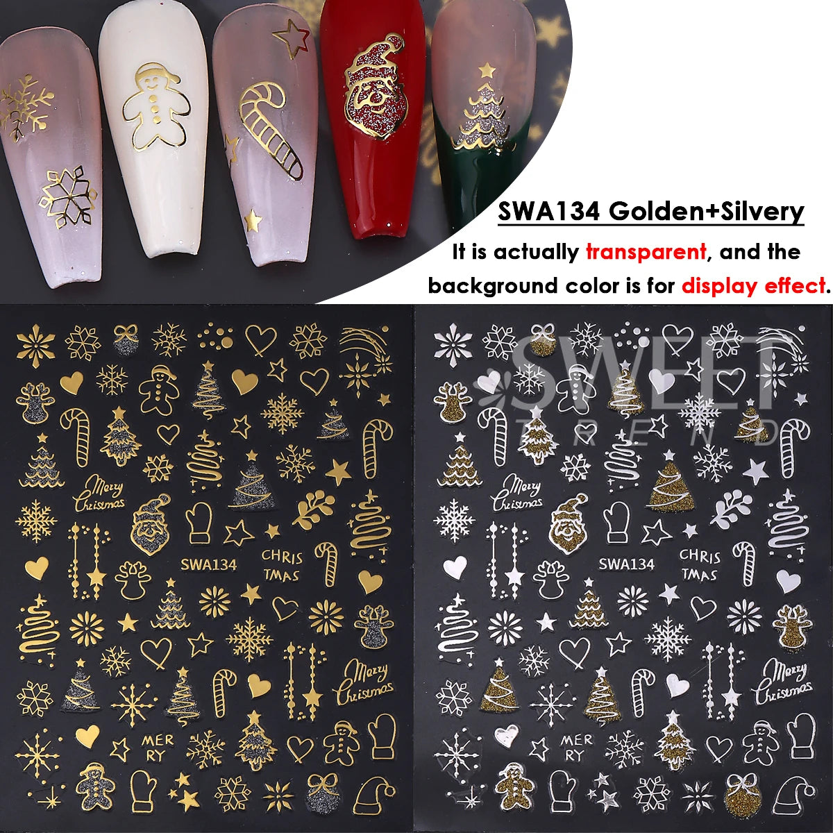 2pcs Gold Silver Christmas 3D Nail Stickers Reflective Glitter Xmas Tree Gingerbread Snowflakes Adhesive Decals Winter Manicure Beauty World Shop