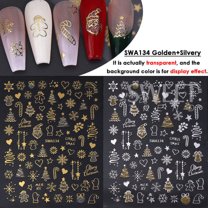 2pcs Gold Silver Christmas 3D Nail Stickers Reflective Glitter Xmas Tree Gingerbread Snowflakes Adhesive Decals Winter Manicure Beauty World Shop