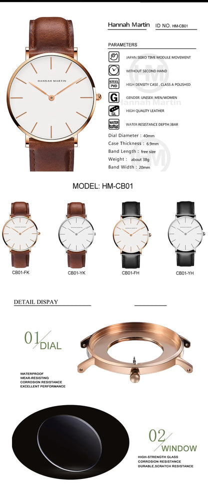 Hannah Martin Brand Fashion  Japan Quartz Wrist Watches Silver Brown Leather Men Watch Waterproof Dress Watch Men Casual Beauty World Shop