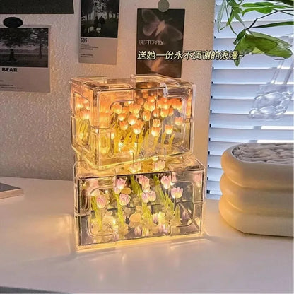 Creative Diy Tulip Flower Sea Cube Three-Dimensional Small Night Lamp Material Package for Girlfriend Couple Girlfriends Beauty World Shop