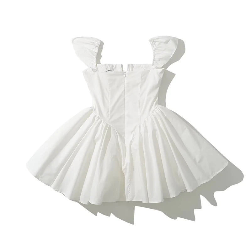 YENKYE Summer Women Sexy Fit And Flare White Mini Dresses Short Sleeve Low Waist Elegant Party Dress Ladies Bridesmaids Robe Beauty World Shop