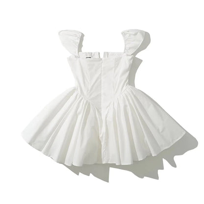YENKYE Summer Women Sexy Fit And Flare White Mini Dresses Short Sleeve Low Waist Elegant Party Dress Ladies Bridesmaids Robe Beauty World Shop