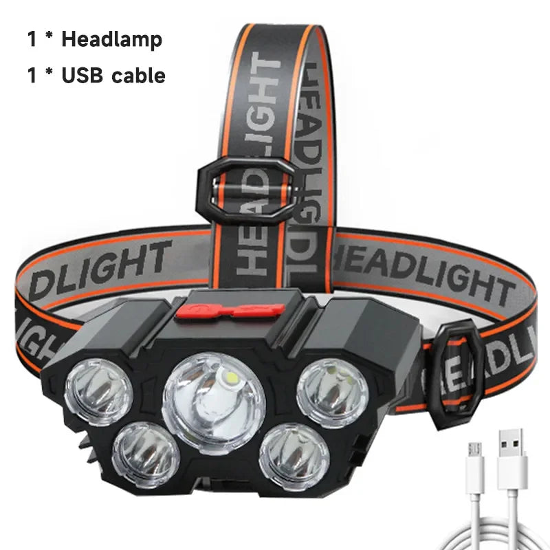 5 LED Headlamp Rechargeable with Built in Battery Strong Light Headlight Camping Adventure Fishing Head Light Flashlight Beauty Fashion