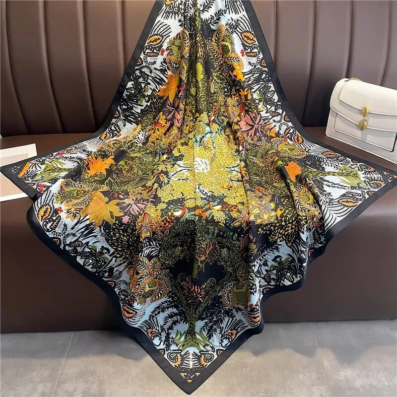 90cm Silk Twill Square Scarf For Women Spring Print Hair Band Hijab Foulard Sunsceen Neckerchief Shawl Wraps Echarpe New Beauty World Shop