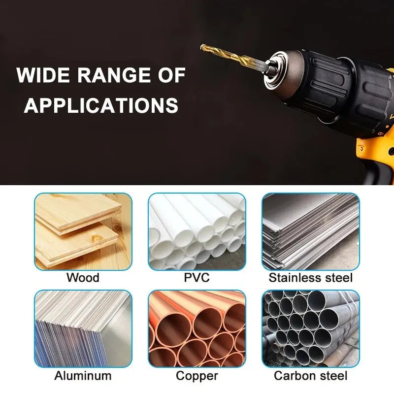 6pc High-speed Steel 4341 Titanium Plated Composite Tap Drill and Tap Integrated Machine Tap Open and Chamfer Tool Set Beauty World Shop
