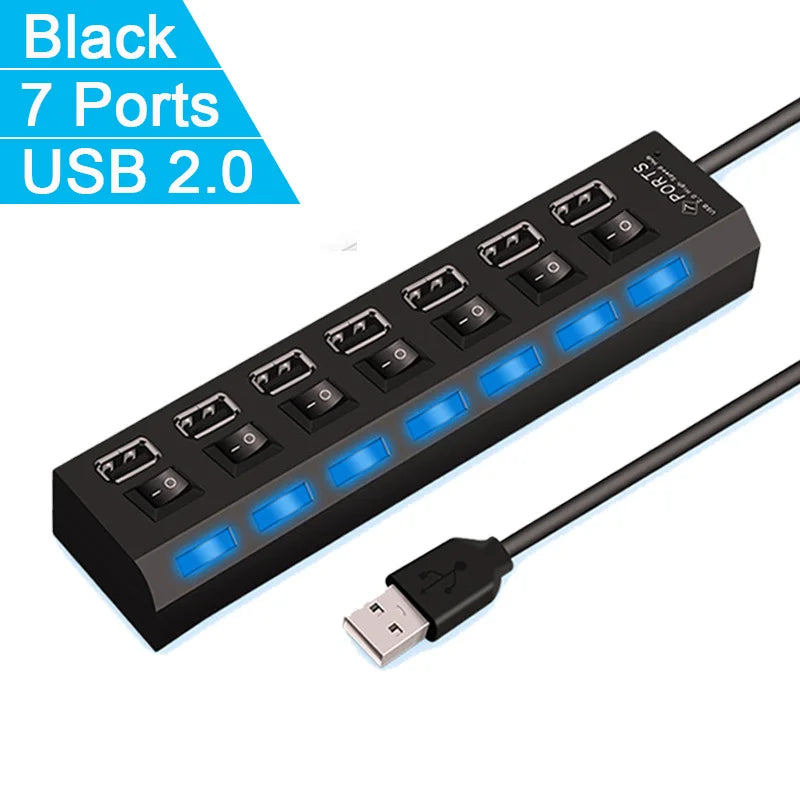 High Speed 4/7 Ports USB HUB 2.0 Adapter Expander Multi USB Splitter Multiple Extender with LED Lamp Switch for PC Laptop Beauty World Shop