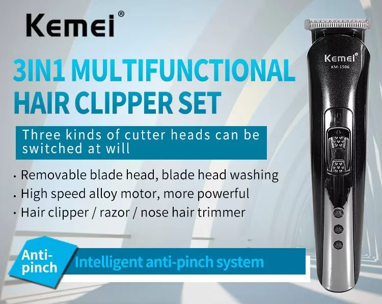 Kemei KM-1506 3 in 1 Electric Hair Clipper USB Charging Shaver Rechargeable Nose Hair Trimmer Professional Shaving Machine Beauty World Shop