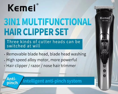 Kemei KM-1506 3 in 1 Electric Hair Clipper USB Charging Shaver Rechargeable Nose Hair Trimmer Professional Shaving Machine Beauty World Shop
