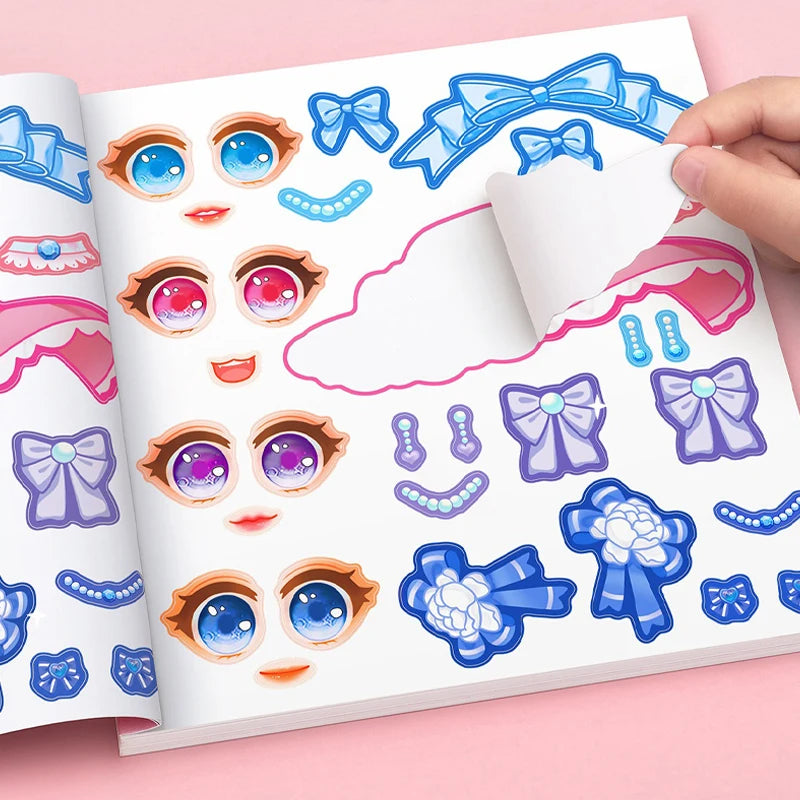 Stickers Book Handicrafts Creative Kids Stickers 15 Pages Toy Puzzle Reusable for Girls Cartoon Princess Make A Face Stickers Beauty World Shop