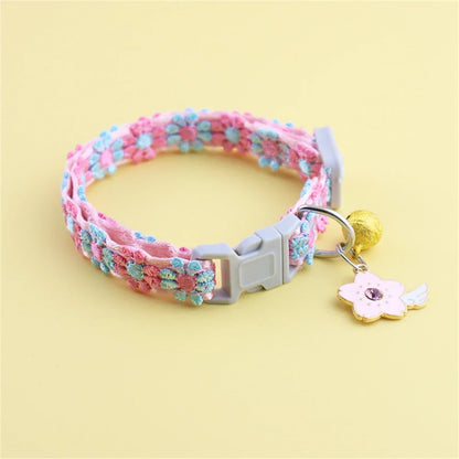 Fashion Rainbow Flower Cat Collar With Bell Kitten Puppy Necklace Adjustable Buckle Colorful Lace Kitten Collar Dog Accessories Beauty World Shop