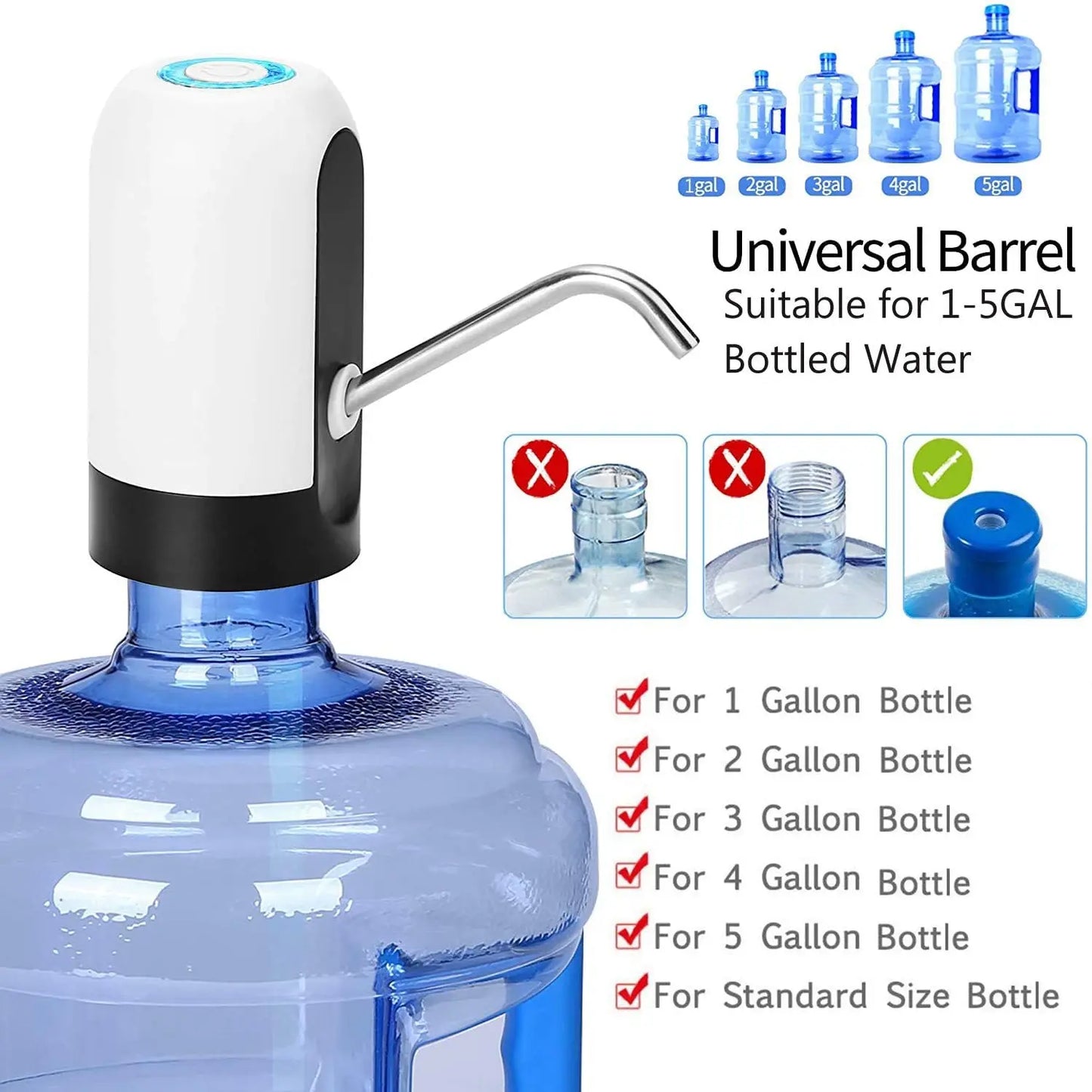 1pcWhite/Black Water Bottle Pump USB Charging Auto Switch Drinking Dispenser Charging One Click Auto Switch Drink Pump Dispenser Beauty World Shop