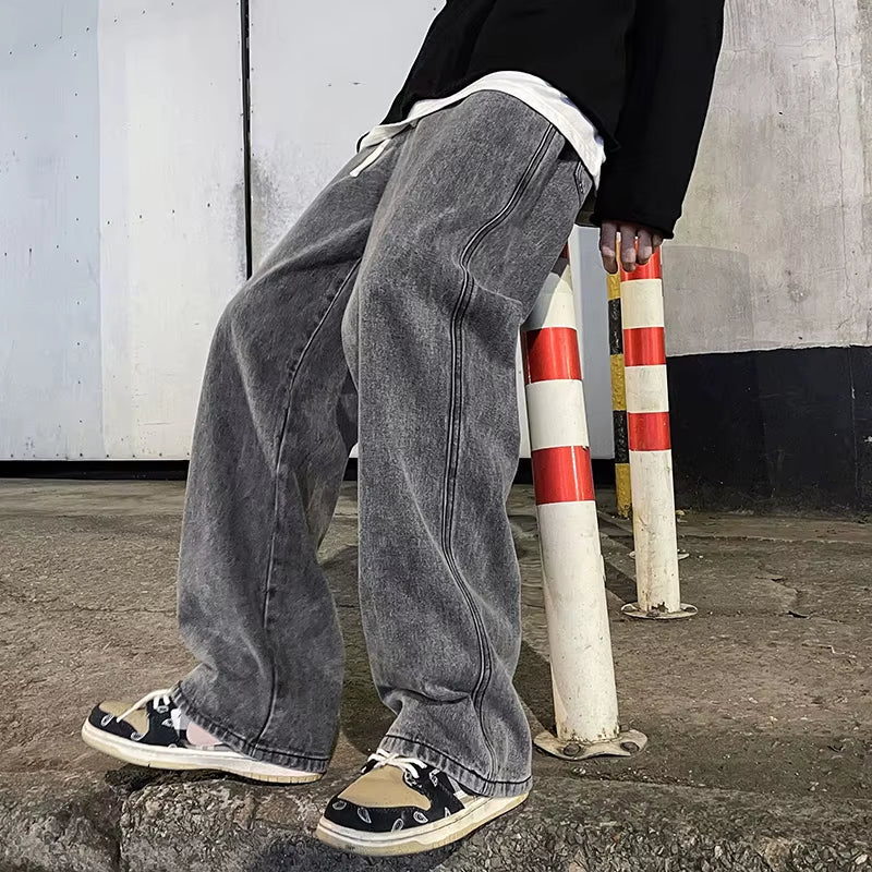 2024 New Streetwear Loose Jeans Men Korean Style Fashion Loose Straight Wide Leg Pants Men'S Brand Clothing Black Light Blue
