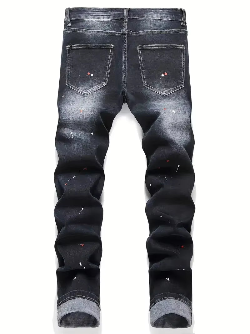 Men Y2K Stretchy Denim Jeans Ripped Skinny Letter Print Elastic Waist Casual Pants for Men Hole Slim Fit Denim Hip Hop Trousers