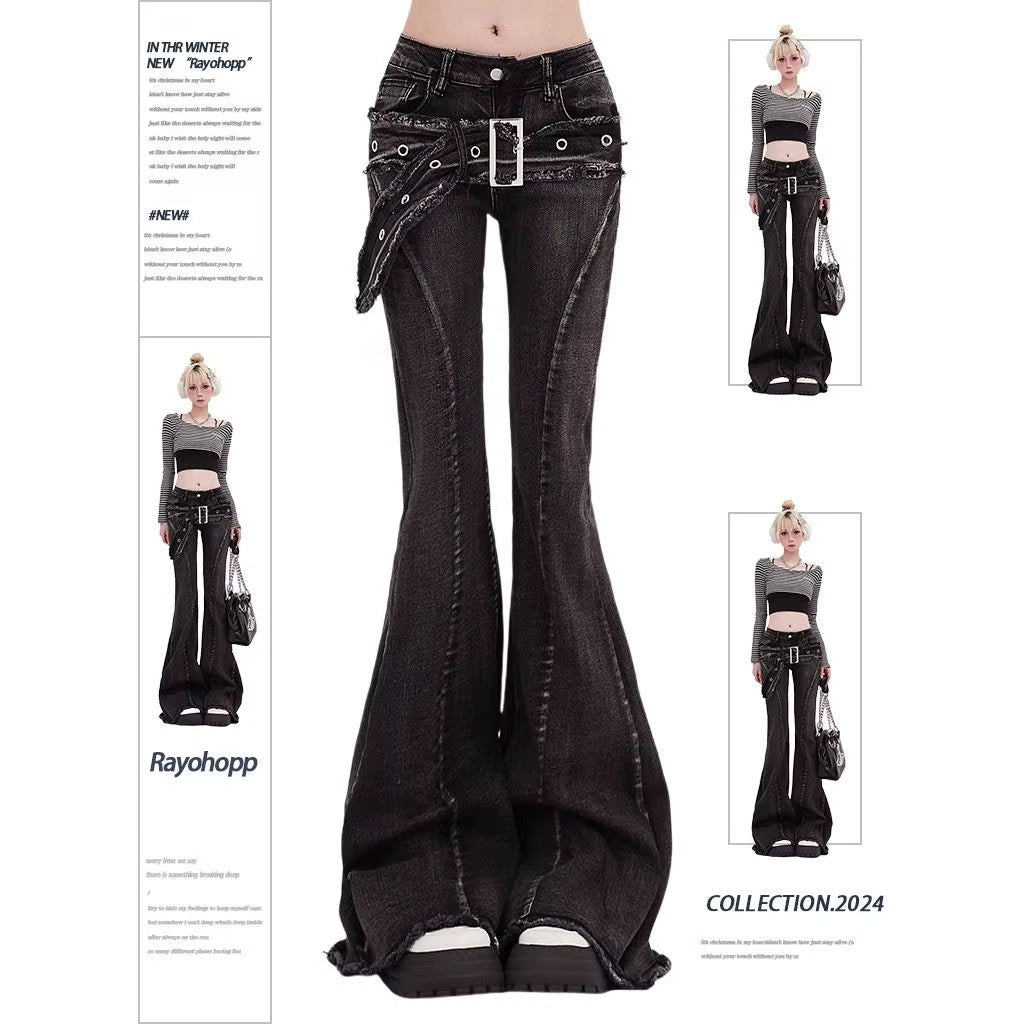 Vintage Slim Micro-Flare Jeans Women Ins Fashionable Splicing Belt Edge Y2K Pants High Waist Straight American Street Trousers