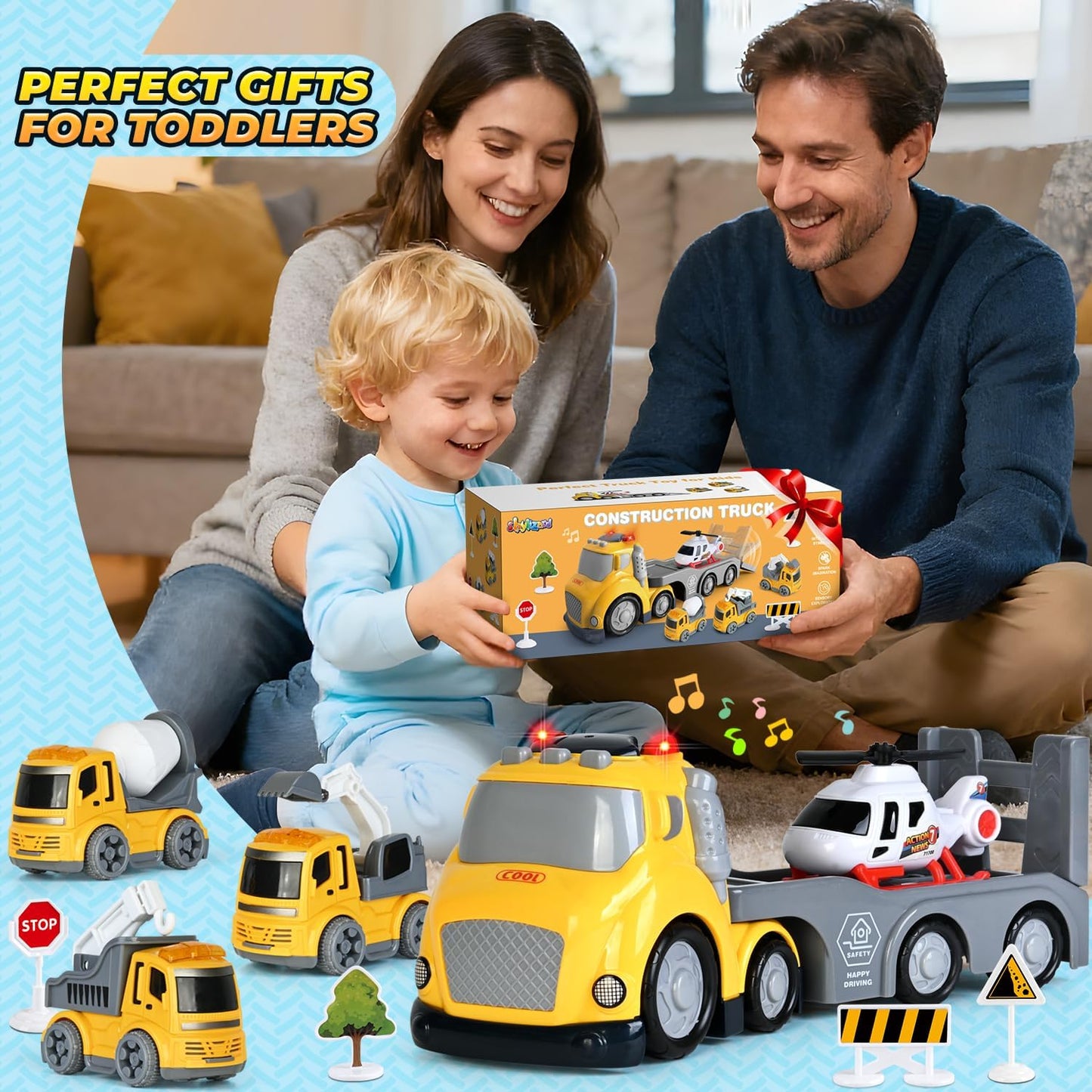 Toddlers Truck Toys,Boy Toys Gifts for 1 2 3 Years Old,5 in 1 Construction Transport Truck with Lights & Sounds,Ideal Birthday for Baby Toddler 12-18M+