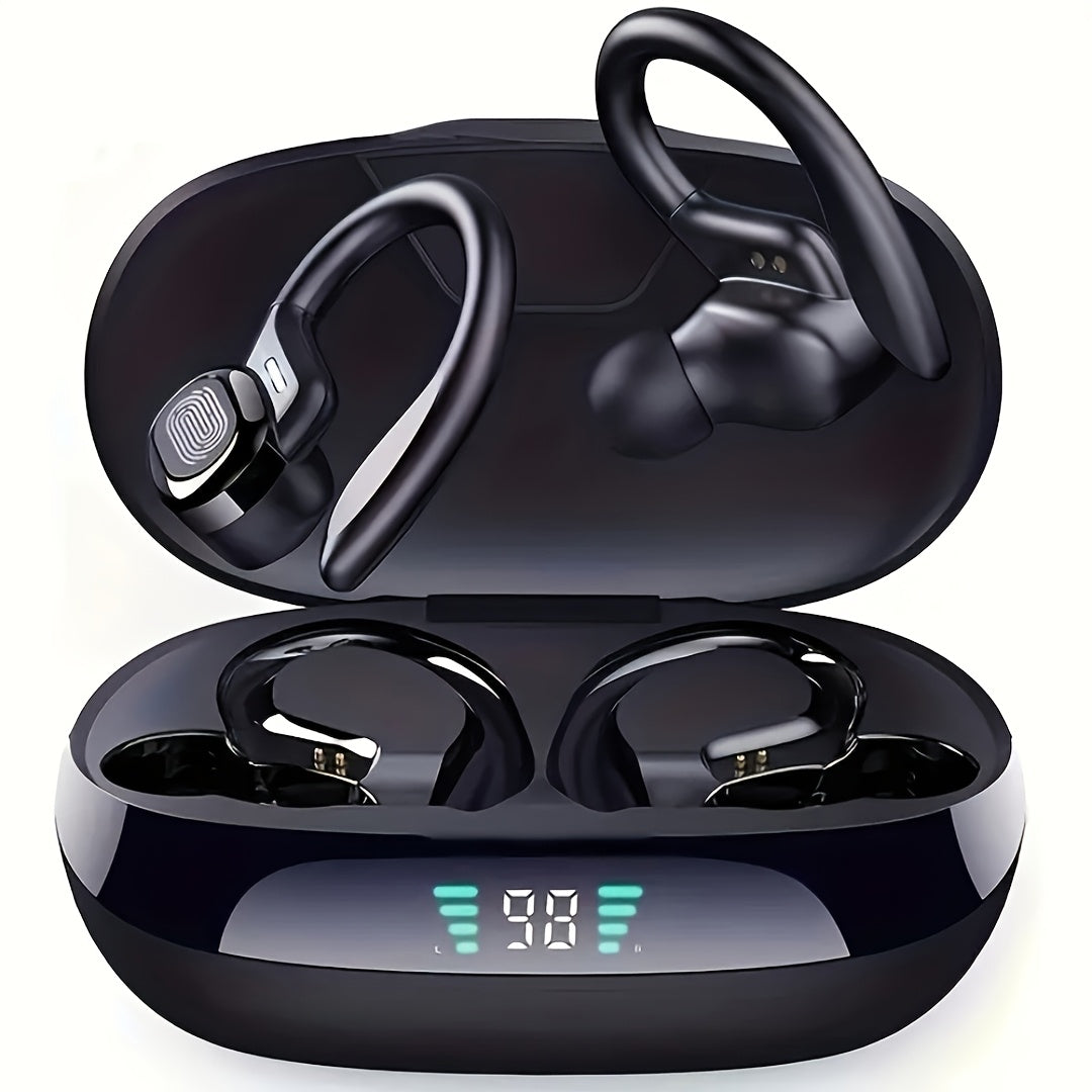 Wireless Earbuds, Open Ear 5.4 Headphones With Ear Hooks, Built-in Mic LED Display 24H Playtime Charging Case, For Running Fitness, Sport Over Earphones, Black