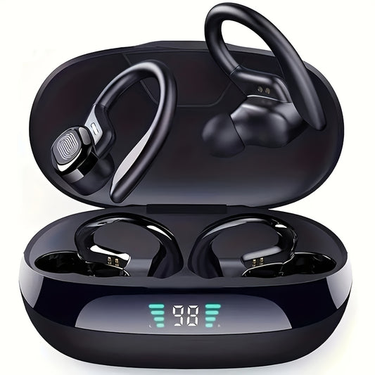 Wireless Earbuds, Open Ear 5.4 Headphones With Ear Hooks, Built-in Mic LED Display 24H Playtime Charging Case, For Running Fitness, Sport Over Earphones, Black