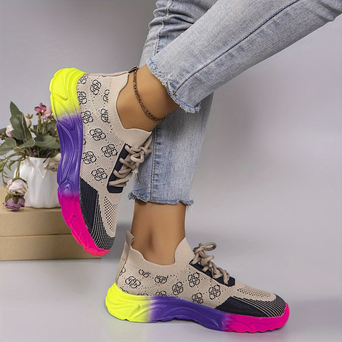 Embroidered Fashion Sneakers Women's Breathable Lightweight Athletic Shoes - Low Top Lace-Up Fabric Sport Sneakers with Round Toe, All-Season EVA Sole - Taizhou Handmade Floral Running Shoes