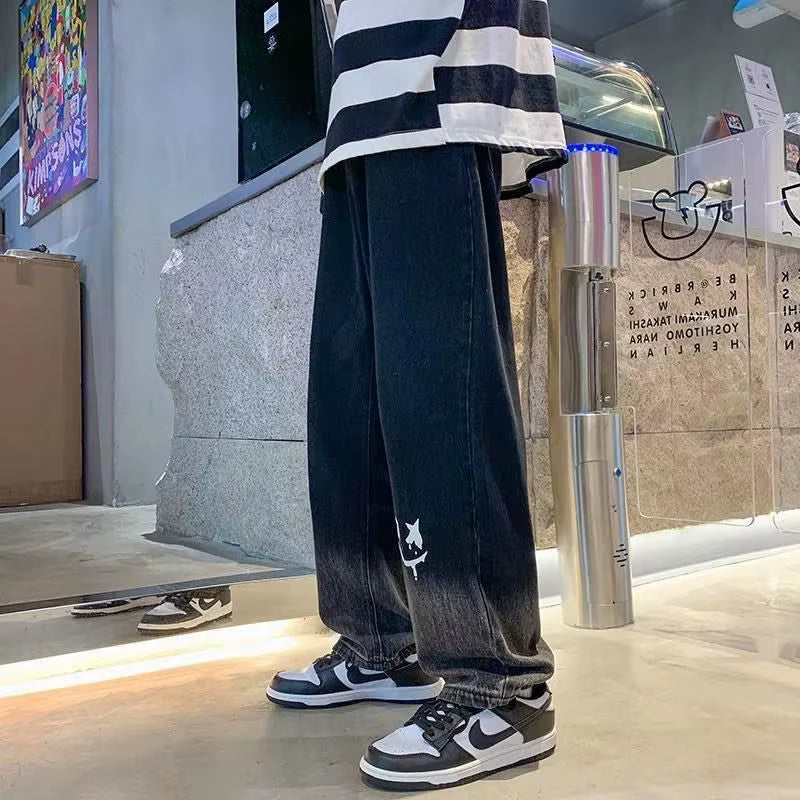 Harajuku Smile Print Baggy Pants Men Streetwear Wide Leg Oversize Jeans Vintage Y2K Straight Long Trousers Male 2024 Fashion