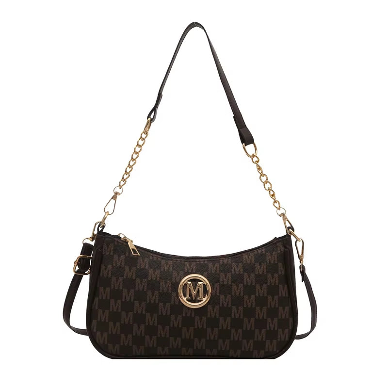 Vintage Style Handbag Crossbody Bag, Gold Letter 'M' Design Pu Leather Shoulder Messenger Bag, Synthetic Leather Tote Bag, Purse