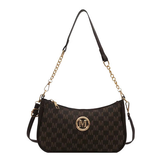 Vintage Style Handbag Crossbody Bag, Gold Letter 'M' Design Pu Leather Shoulder Messenger Bag, Synthetic Leather Tote Bag, Purse